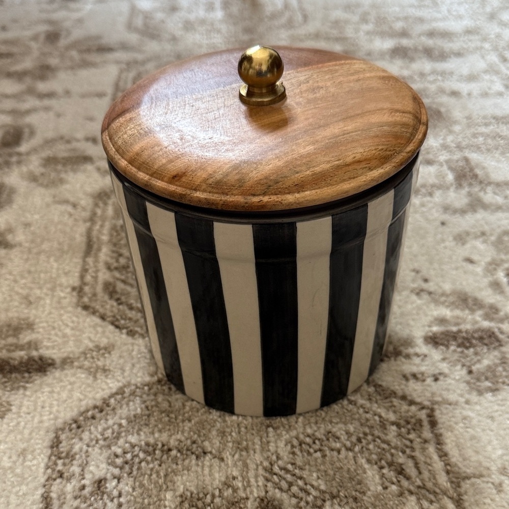 Black and White Striped Canister with Wooden Lid